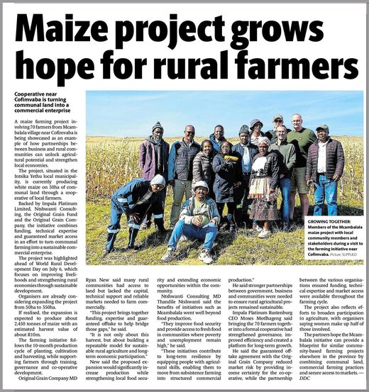 Daily Dispatch clipping: Maize project grows hope for rural farmers
