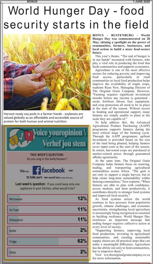 Rustenburg Herald clipping: World Hunger Day - food security starts in the field